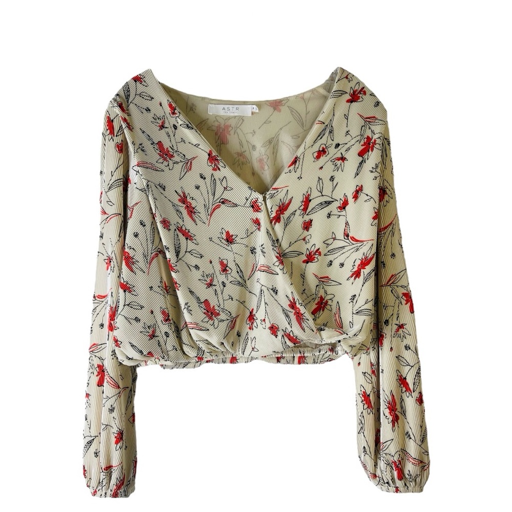 Astr cream orange red black floral ribbed wrap cropped top medium